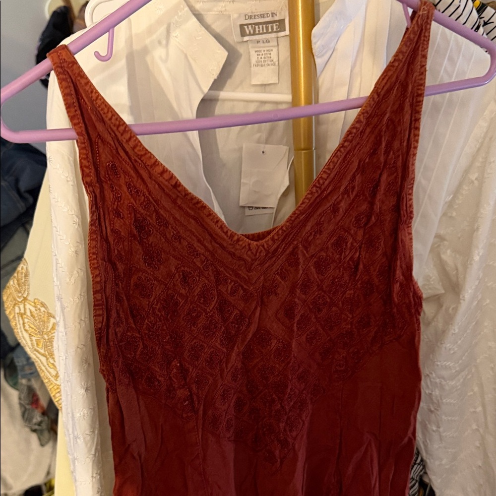 Embroidered V-Neck Sleeveless Top in Burnt Orange